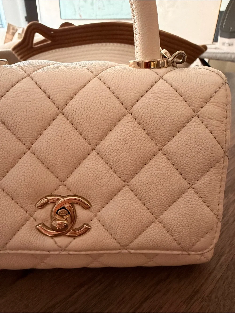 CHANEL White Handle Mini Coco  Flap Bag w/ Chain strap w/ orig rec box bag card